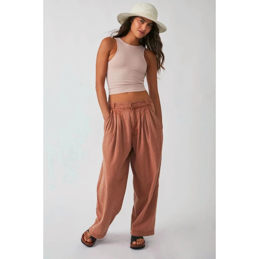 Free People Lotta Love Linen Trousers Pants Cinnamon Straight Leg Imperfect US 8